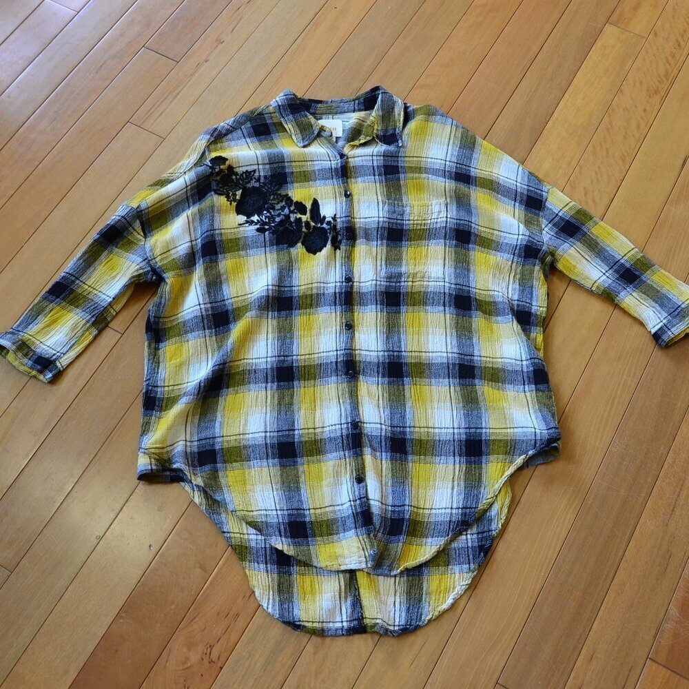 Anthropologie Maeve Embroidered Plaid Button Down Tunic Shirt Size XS/S